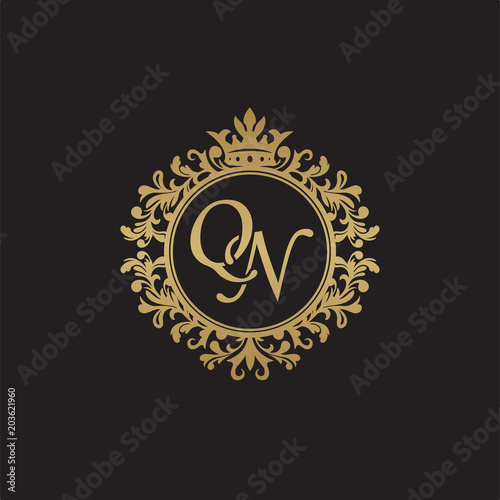 Initial letter QN  overlapping monogram logo  decorative ornament badge  elegant luxury golden color