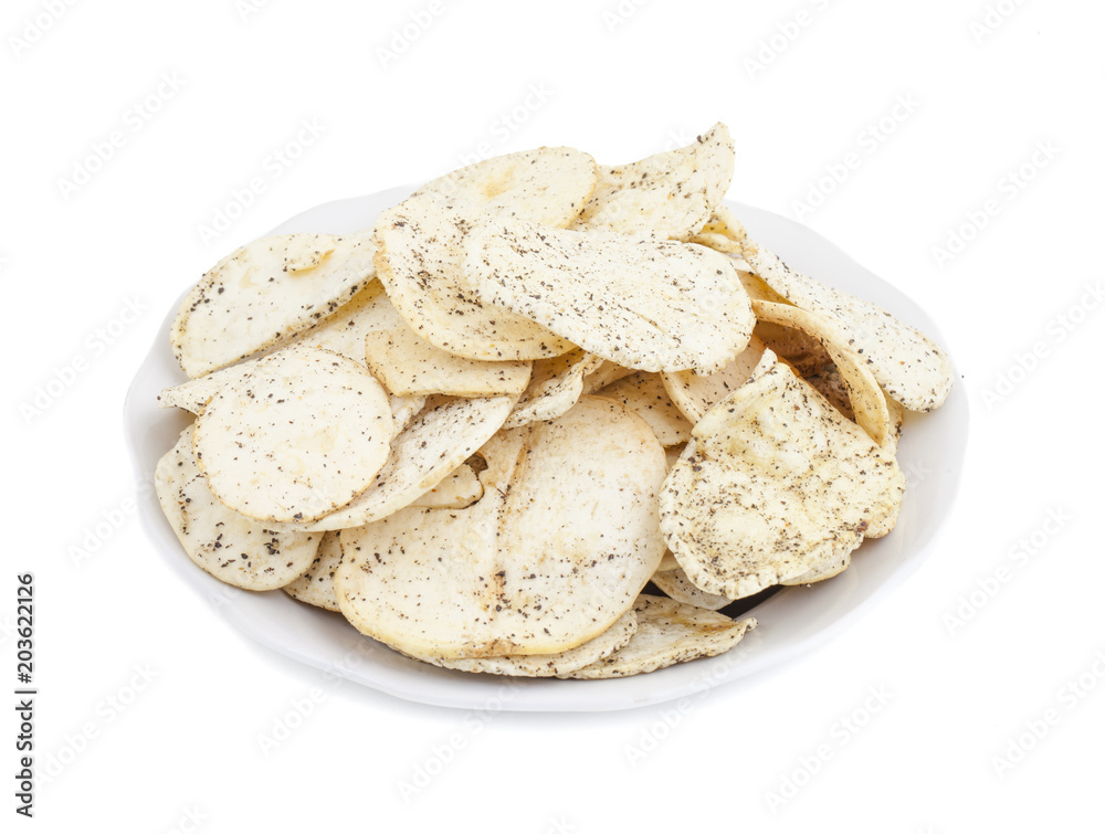 Indian Spicy Potato Chips Also know as Aloo Papri, Aloo Papdi, Alu Papdi, Wafer and Aloo Chips isolated on White Background Indian Spicy Potato Chips Also know as Aloo Papri, Aloo Papdi, Alu Papdi, Wafer and Aloo Chips isolated on White Background