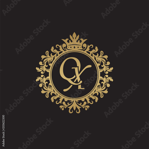 Initial letter QX, overlapping monogram logo, decorative ornament badge, elegant luxury golden color