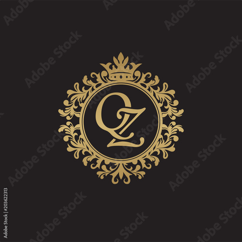 Initial letter QZ, overlapping monogram logo, decorative ornament badge, elegant luxury golden color