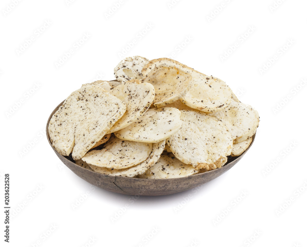 Indian Spicy Potato Chips Also know as Aloo Papri, Aloo Papdi, Alu Papdi, Wafer and Aloo Chips isolated on White Background Indian Spicy Potato Chips Also know as Aloo Papri, Aloo Papdi, Alu Papdi, Wafer and Aloo Chips isolated on White Background