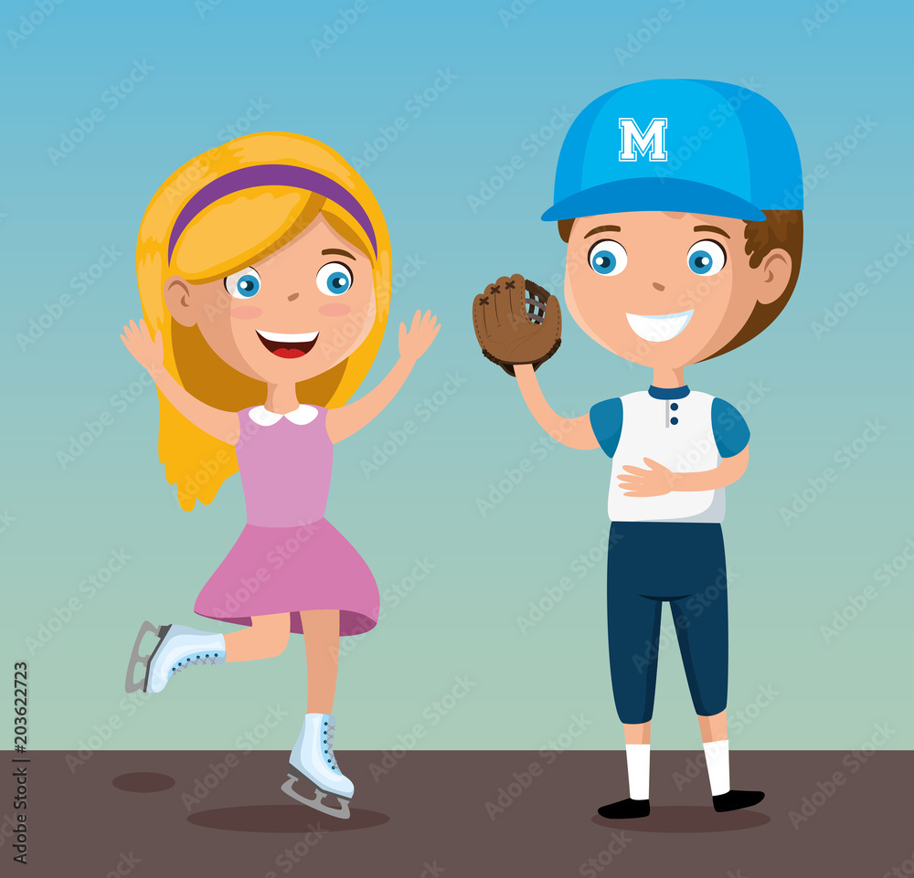 happy kids couple playing sports characters vector illustration design happy kids couple playing sports characters vector illustration design