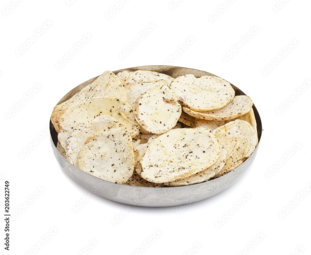 Indian Spicy Potato Chips Also know as Aloo Papri, Aloo Papdi, Alu Papdi, Wafer and Aloo Chips isolated on White Background Indian Spicy Potato Chips Also know as Aloo Papri, Aloo Papdi, Alu Papdi, Wafer and Aloo Chips isolated on White Background