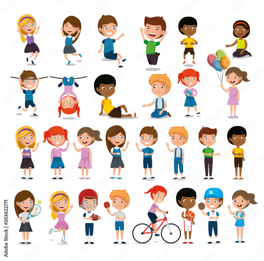group of happy kids practicing sports characters vector illustration design