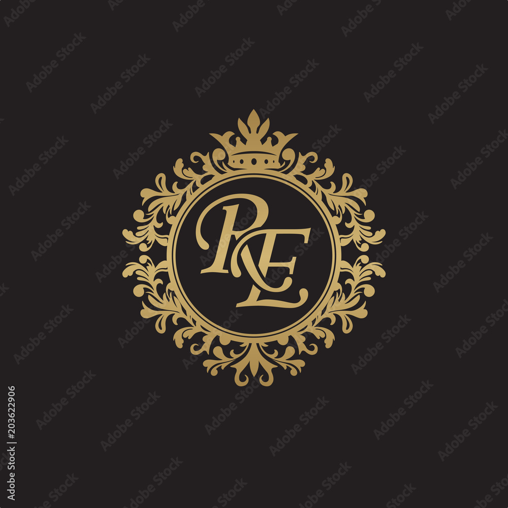 Initial letter RE, overlapping monogram logo, decorative ornament badge, elegant luxury golden color