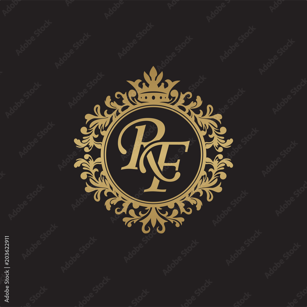 Naklejka premium Pierwsza litera RF, zachodzące na siebie logo monogram, ozdobny ornament, elegancki luksusowy złoty kolor