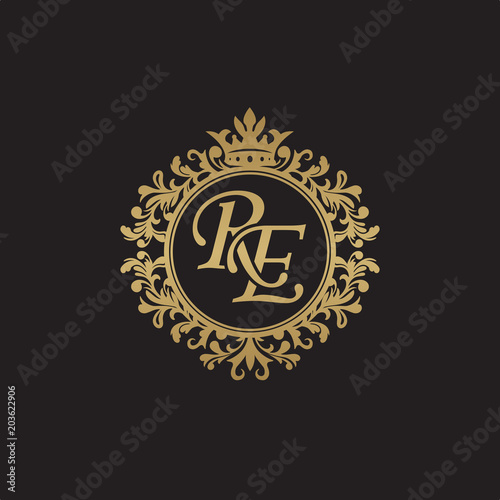 Initial letter RE, overlapping monogram logo, decorative ornament badge, elegant luxury golden color