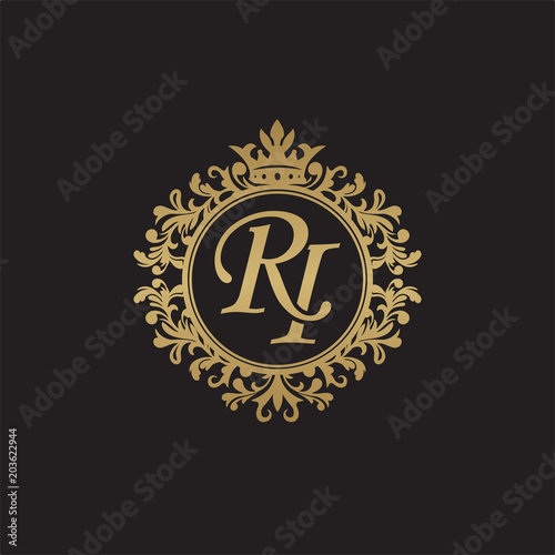 Initial letter RI, overlapping monogram logo, decorative ornament badge, elegant luxury golden color