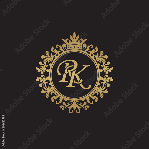 Initial letter RK, overlapping monogram logo, decorative ornament badge, elegant luxury golden color