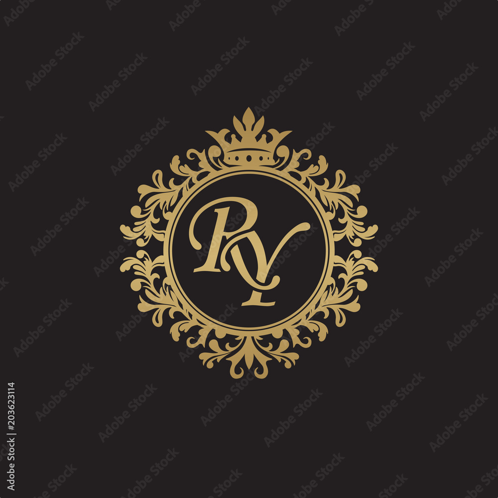 Initial letter RY, overlapping monogram logo, decorative ornament badge, elegant luxury golden color