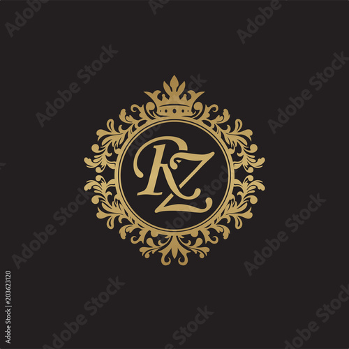 Initial letter RZ, overlapping monogram logo, decorative ornament badge, elegant luxury golden color