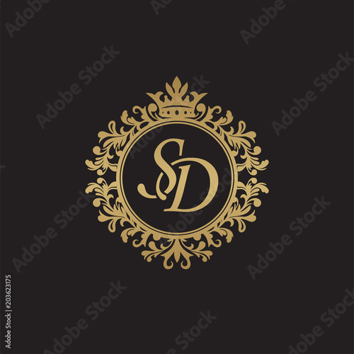 Initial letter SD, overlapping monogram logo, decorative ornament badge, elegant luxury golden color