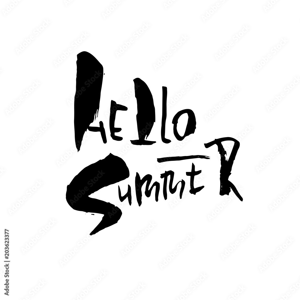 Hello summer hand drawn lettering isolated on white background for your design. Vector illustration. Modern dry brush inscription. Hello summer hand drawn lettering isolated on white background for your design. Vector illustration. Modern dry brush inscription.