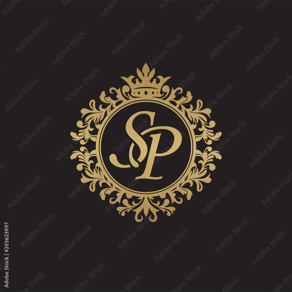 Initial letter SP, overlapping monogram logo, decorative ornament badge, elegant luxury golden color Initial letter SP, overlapping monogram logo, decorative ornament badge, elegant luxury golden color