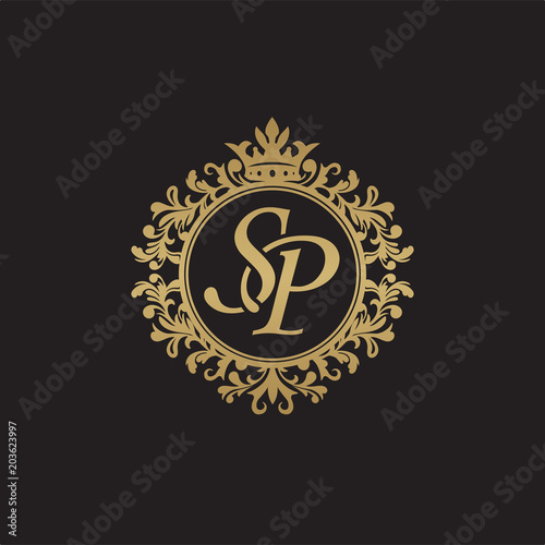 Initial letter SP, overlapping monogram logo, decorative ornament badge, elegant luxury golden color