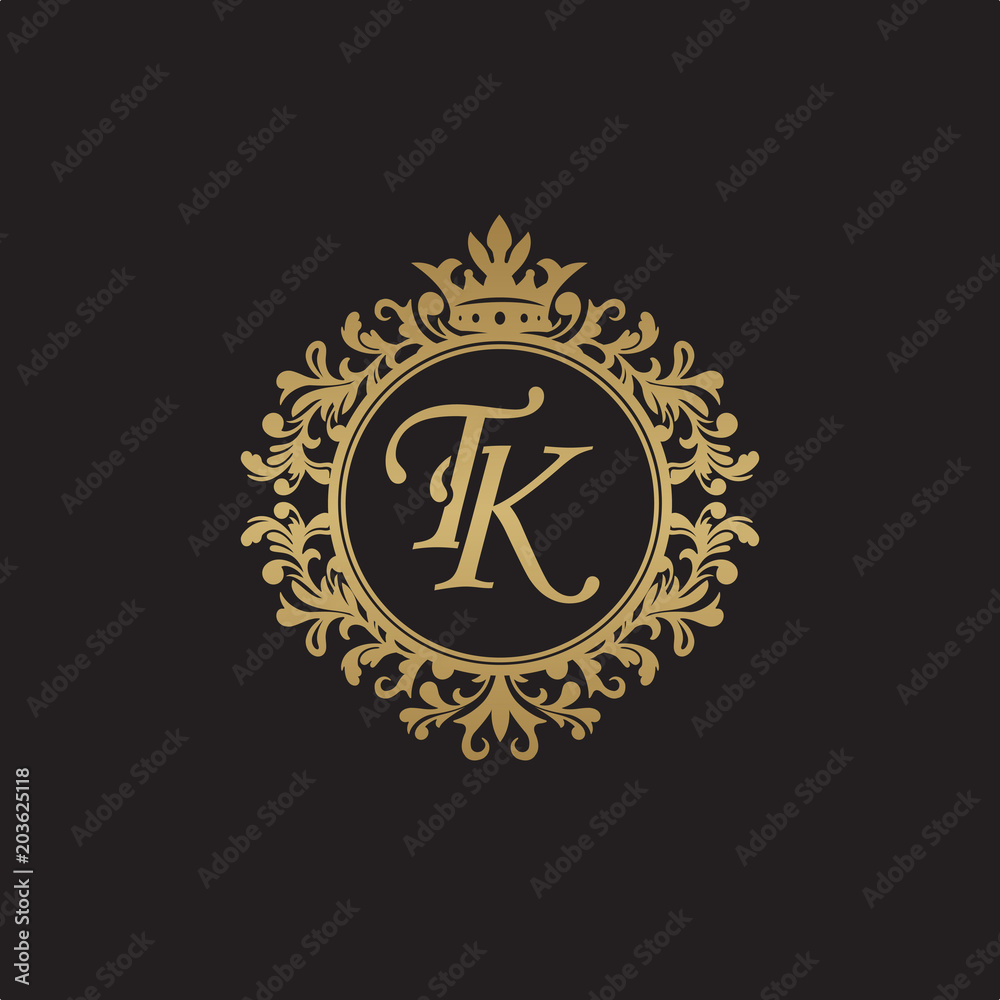 Initial letter TK, overlapping monogram logo, decorative ornament badge, elegant luxury golden color