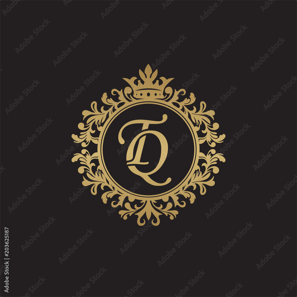 Fototapeta premium Initial letter TQ, overlapping monogram logo, decorative ornament badge, elegant luxury golden color
