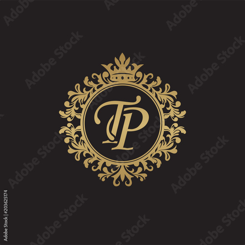 Initial letter TP, overlapping monogram logo, decorative ornament badge, elegant luxury golden color