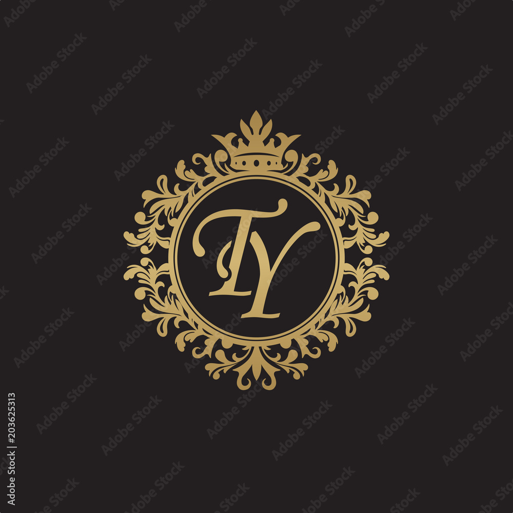 Initial letter TY, overlapping monogram logo, decorative ornament badge, elegant luxury golden color