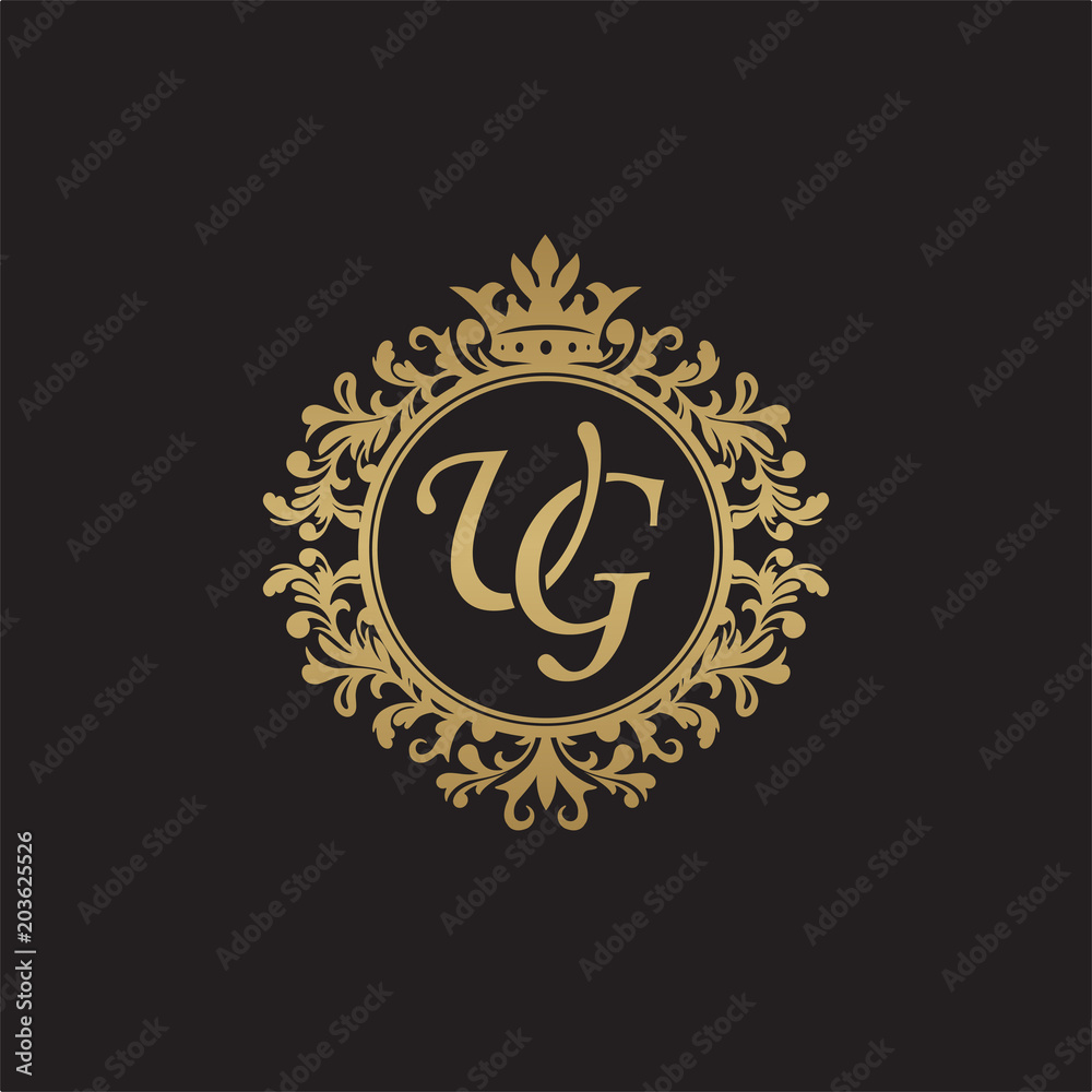 Initial letter UG, overlapping monogram logo, decorative ornament badge, elegant luxury golden color