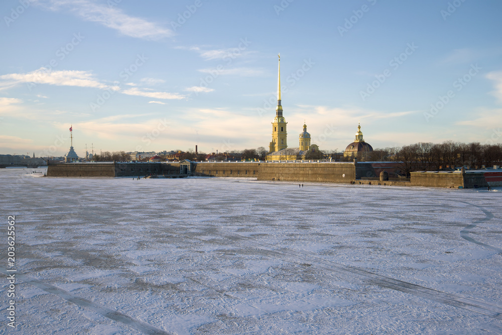 Peter and Paul Fortress in the January twilight. Saint-Petersburg, Russia
