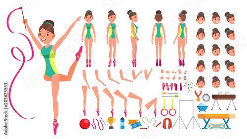 Gymnastics Female Vector. Animated Character Creation Set. Gymnastic Woman Full Length, Front, Side, Back View, Accessories, Poses, Face Emotions, Gestures. Isolated Flat Cartoon Illustration