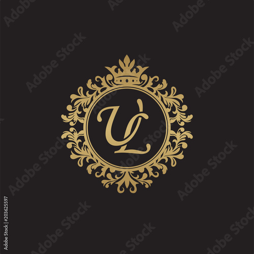 Initial letter UL, overlapping monogram logo, decorative ornament badge, elegant luxury golden color