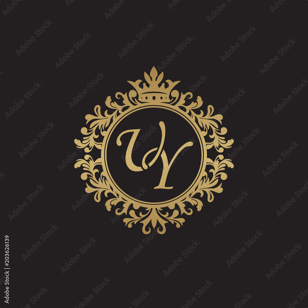 Initial letter UY, overlapping monogram logo, decorative ornament badge, elegant luxury golden color