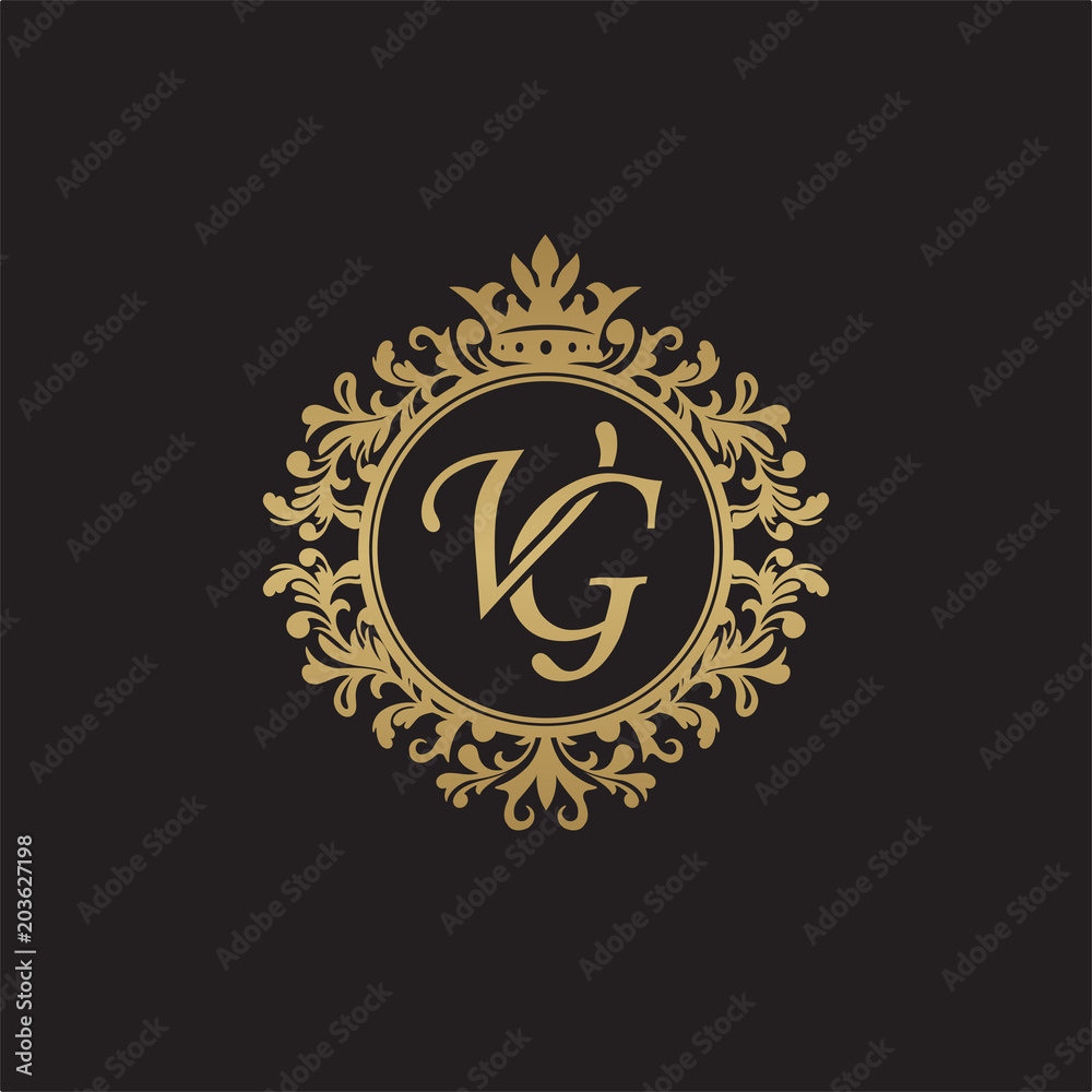 Initial letter VG, overlapping monogram logo, decorative ornament badge, elegant luxury golden color