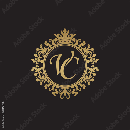 Initial letter VC, overlapping monogram logo, decorative ornament badge, elegant luxury golden color
