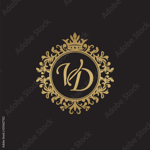 Initial letter VD, overlapping monogram logo, decorative ornament badge, elegant luxury golden color