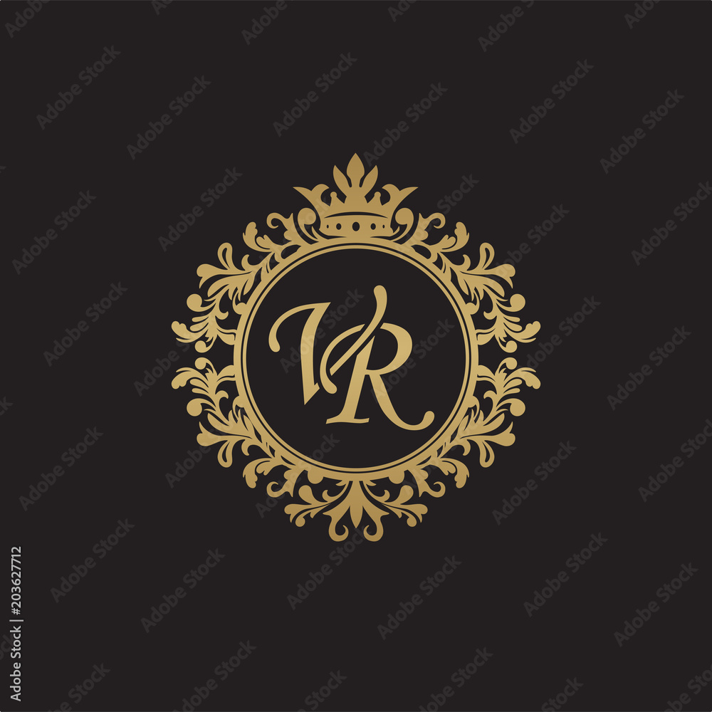 Initial letter VR, overlapping monogram logo, decorative ornament badge, elegant luxury golden color