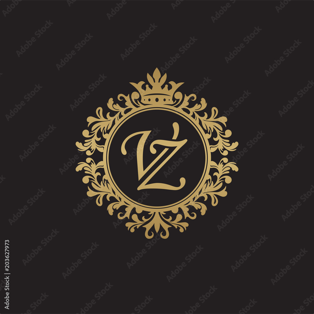 Initial letter VZ, overlapping monogram logo, decorative ornament badge, elegant luxury golden color
