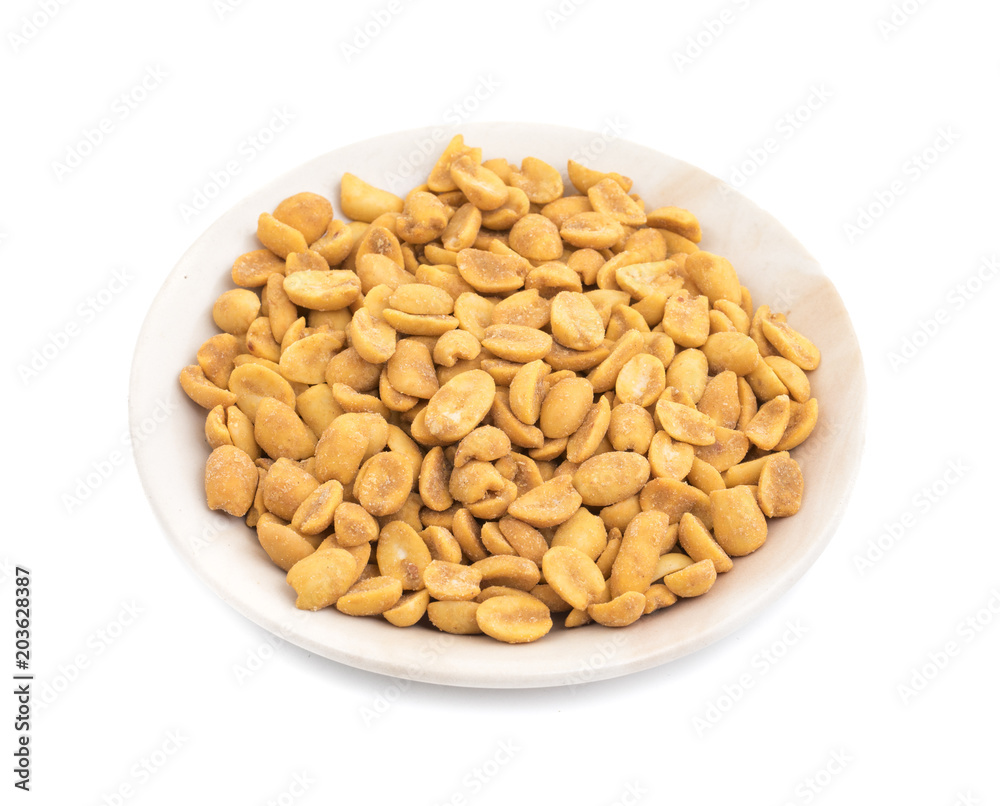 Indian Traditional Snack Food Masala Peanuts Also Know as Masala Sing Masala Shing or Spicy Peanuts Coated with Spices isolated on white background Indian Traditional Snack Food Masala Peanuts Also Know as Masala Sing Masala Shing or Spicy Peanuts Coated with Spices isolated on white background