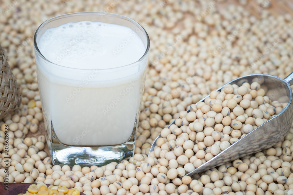Soy milk and soy beans on wood background. Soy milk and soy beans on wood background.