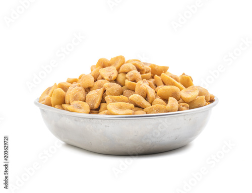 Indian Traditional Snack Food Masala Peanuts Also Know as Masala Sing Masala Shing or Spicy Peanuts Coated with Spices isolated on white background