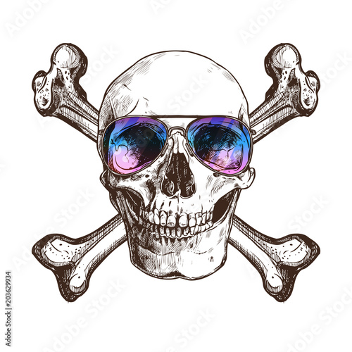Sketch Skull With Two Cross Bones And Sunglasses. Hand Drawn Vintage Illustration