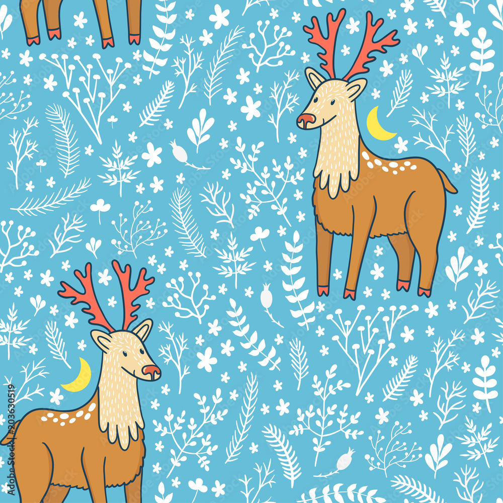 Vector seamless pattern with cute deers and floral elements: leaves ...