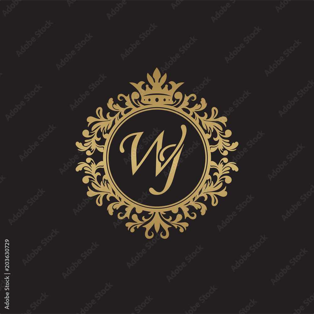 Initial letter WJ, overlapping monogram logo, decorative ornament badge, elegant luxury golden color