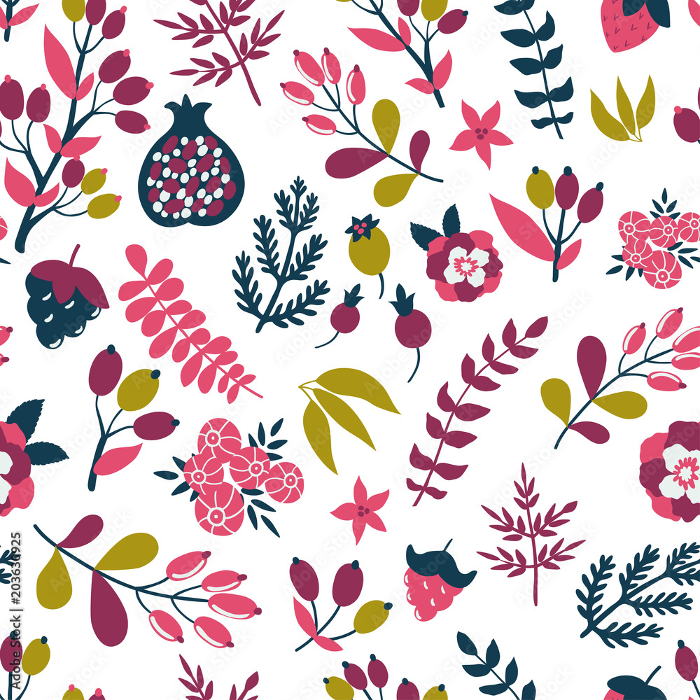 Fototapeta premium Vector floral pattern with berries, branches, leaves, flowers and pomegranate. Bright natural texture.
