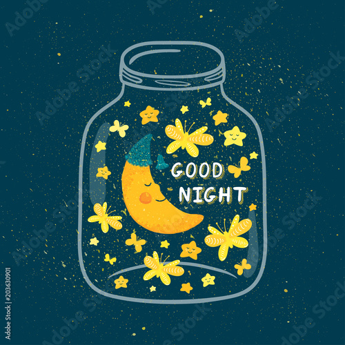 Vector illustration of jar with sleepig smiling moon in the nightcap, butterflies, stars. Cute childish background with text 