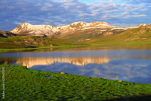 reflection of snow mountains in Sheosar Lake deosai plains skardu  , Pakistan  photo