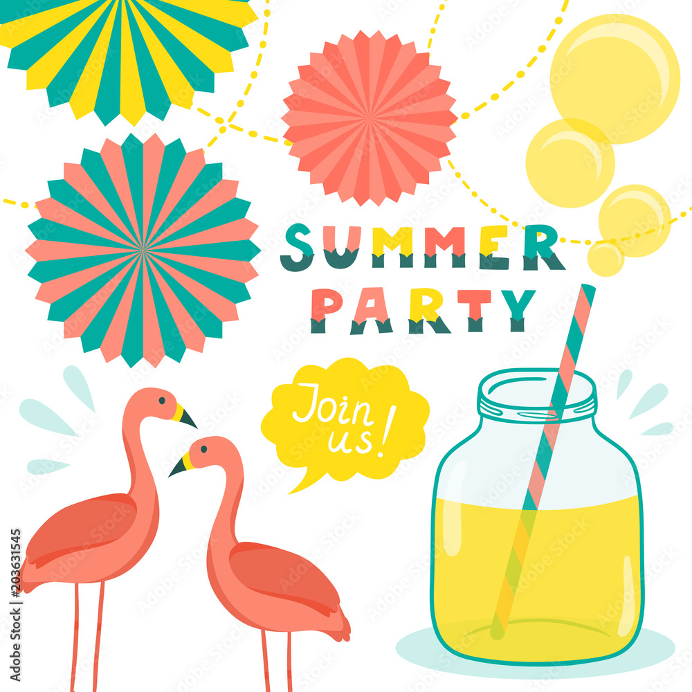 Vector invitation template with flamingos, mason jar with lemonade, bubbles, decorative elements and hand written stylish text 