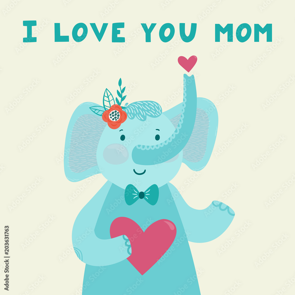 Vector illustration of cute smiling elephant with heart and hand written  text 