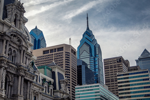 Top view of Philadelphia modern skyscrapers and historical building of City Hall