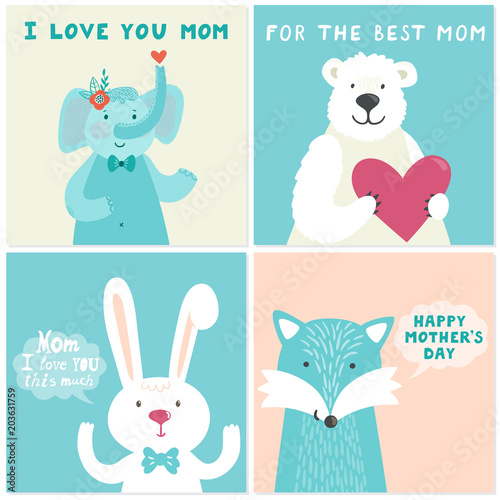 Vector set of four illustrations with cute smiling cartoon characters: elephant, bear, rabbit, fox and hand written text for Mother's day. Holiday cards.