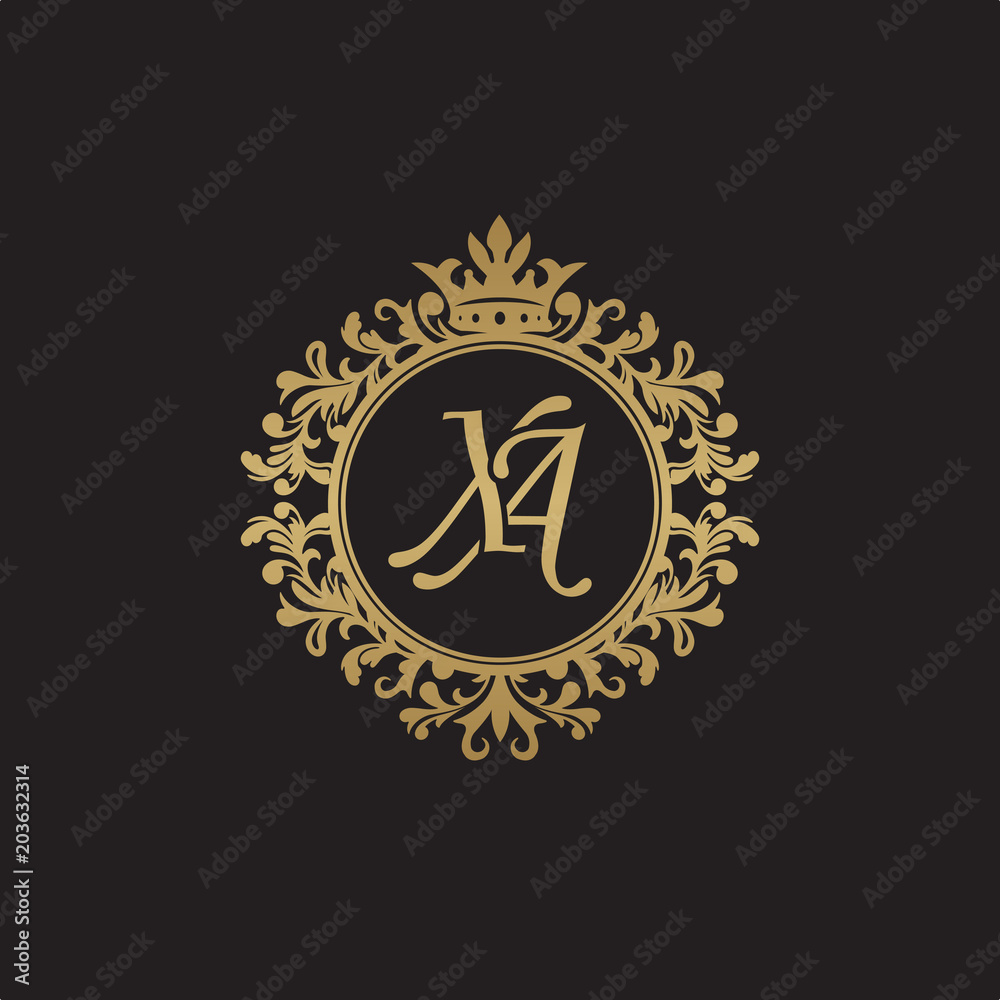 Initial letter XA, overlapping monogram logo, decorative ornament badge, elegant luxury golden color