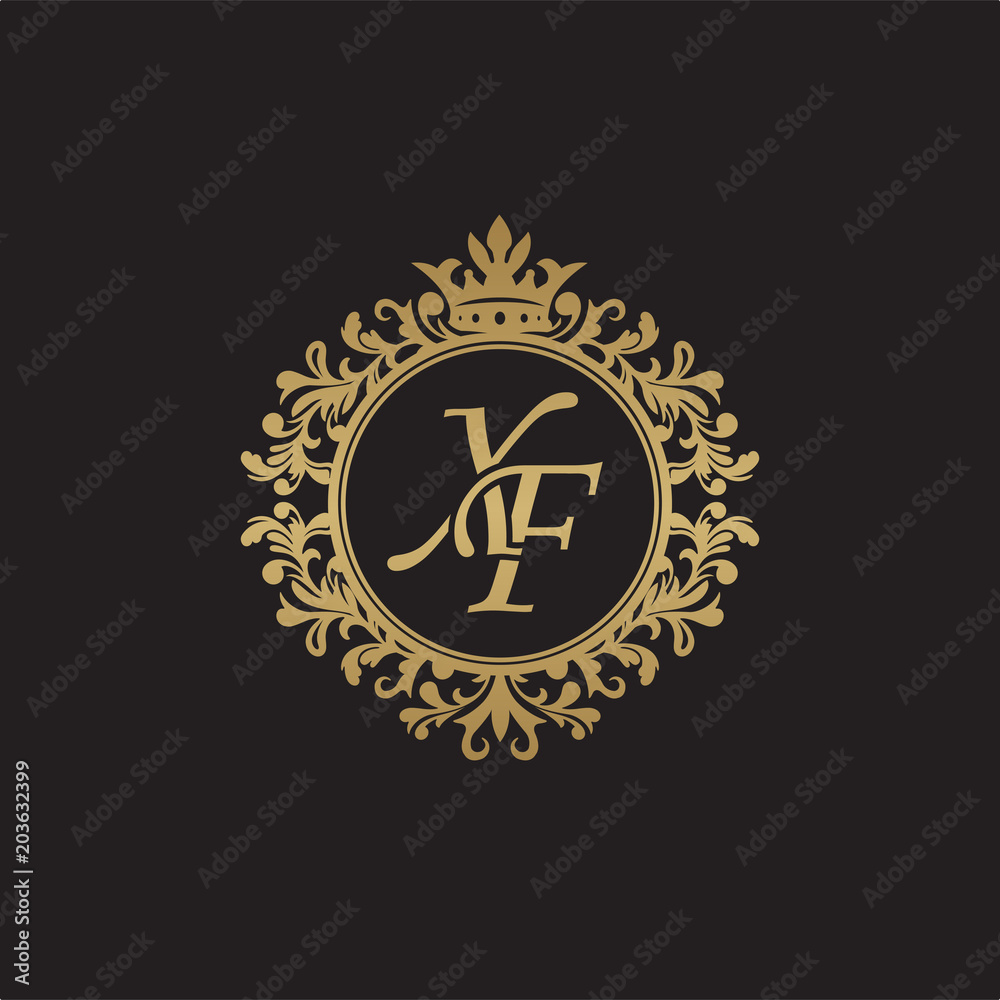 Initial letter XF, overlapping monogram logo, decorative ornament badge, elegant luxury golden color