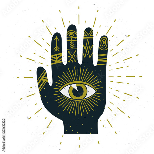 Vector abstract illustration with sunburst, hand, ornaments and all seeing eye symbol. Stylish vintage background. Grunge effect is on a separeted layer.