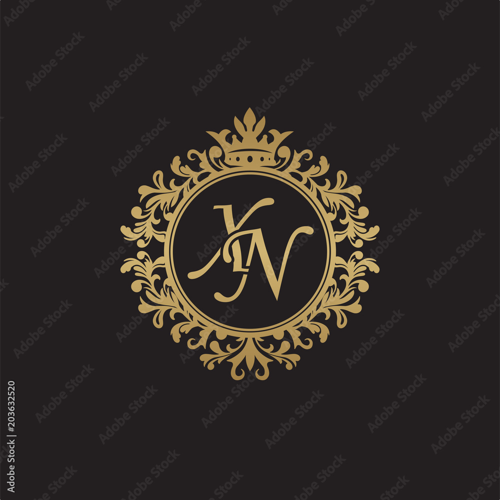 Initial letter XN, overlapping monogram logo, decorative ornament badge, elegant luxury golden color